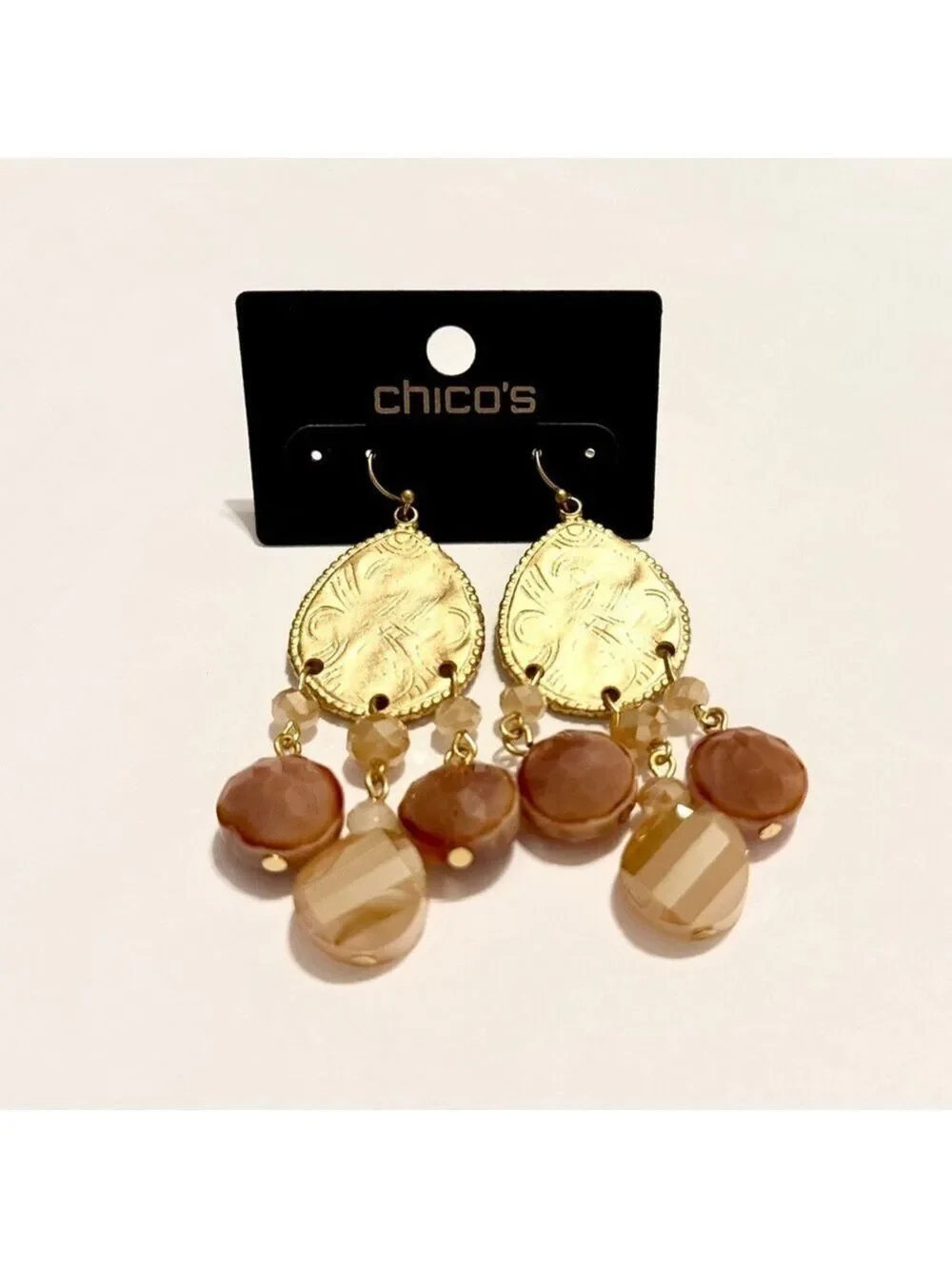 Chico's Gold Teardrop Dangle Earrings Peachy Gemstone NWT